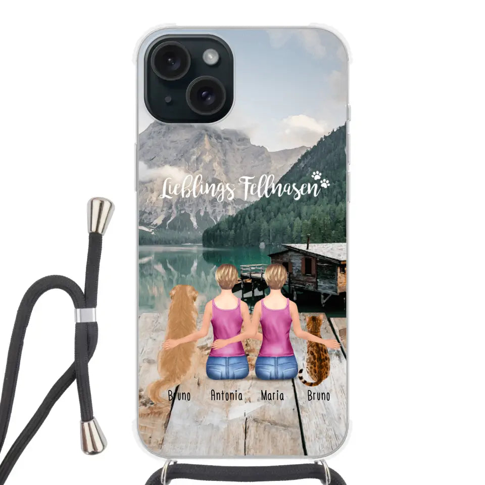 Personalisierte Handyhülle mit 2 Frauen + 2 Hunde/Katzen - Apple mit Band