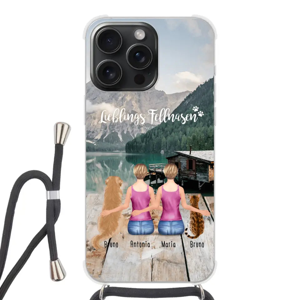 Personalisierte Handyhülle mit 2 Frauen + 2 Hunde/Katzen - Apple mit Band