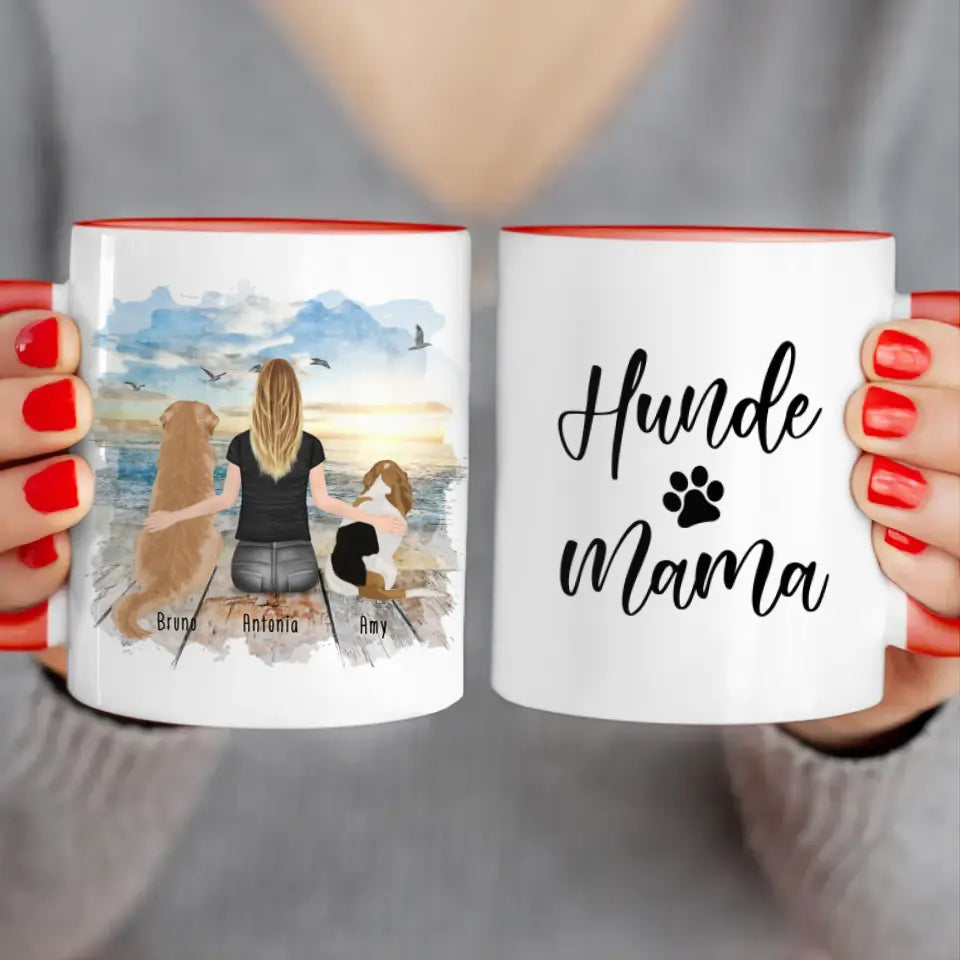 Personalisierte Tasse mit Hund und Frau (2 Hunde + 1 Frau)