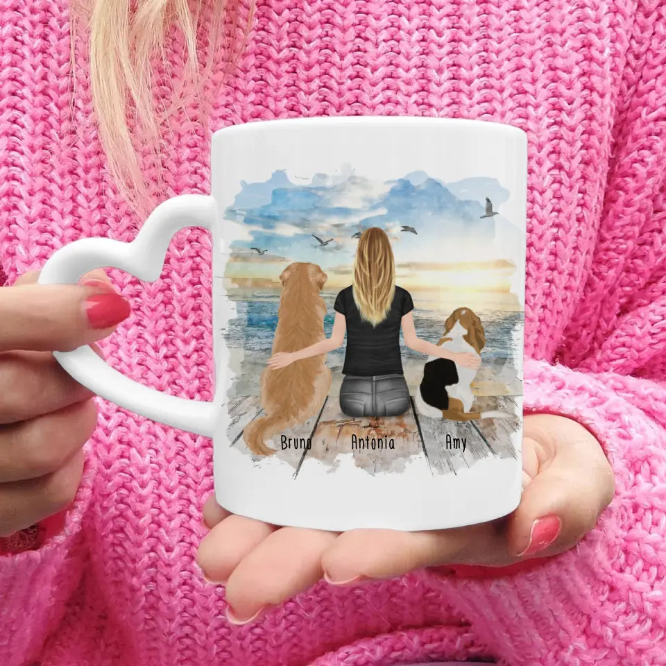 Personalisierte Tasse mit Hund und Frau (2 Hunde + 1 Frau)