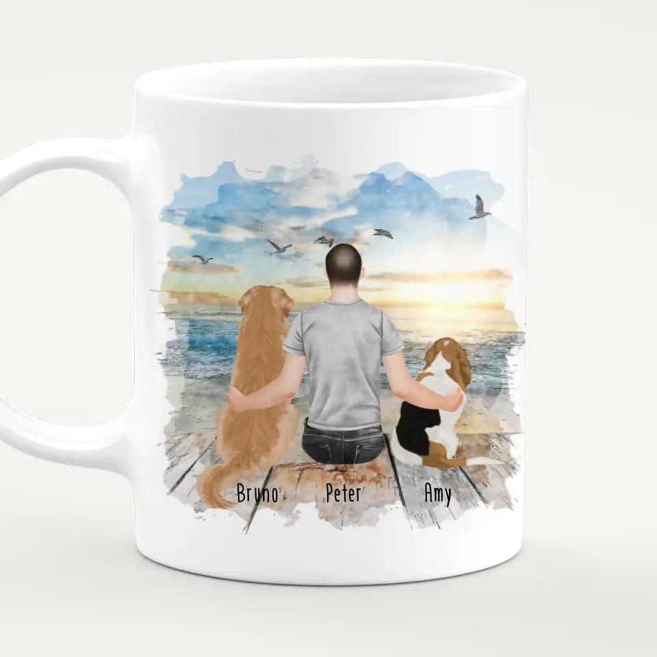 Personalisierte Tasse mit Hund und Mann (2 Hunde + 1 Mann)