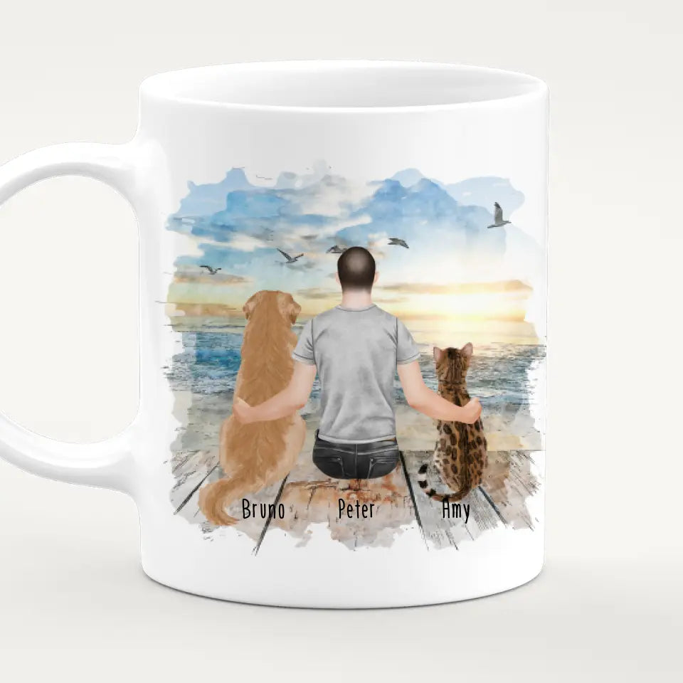 Personalisierte Tasse mit Hund, Katze und Mann (1 Hund + 1 Katze + 1 Mann)