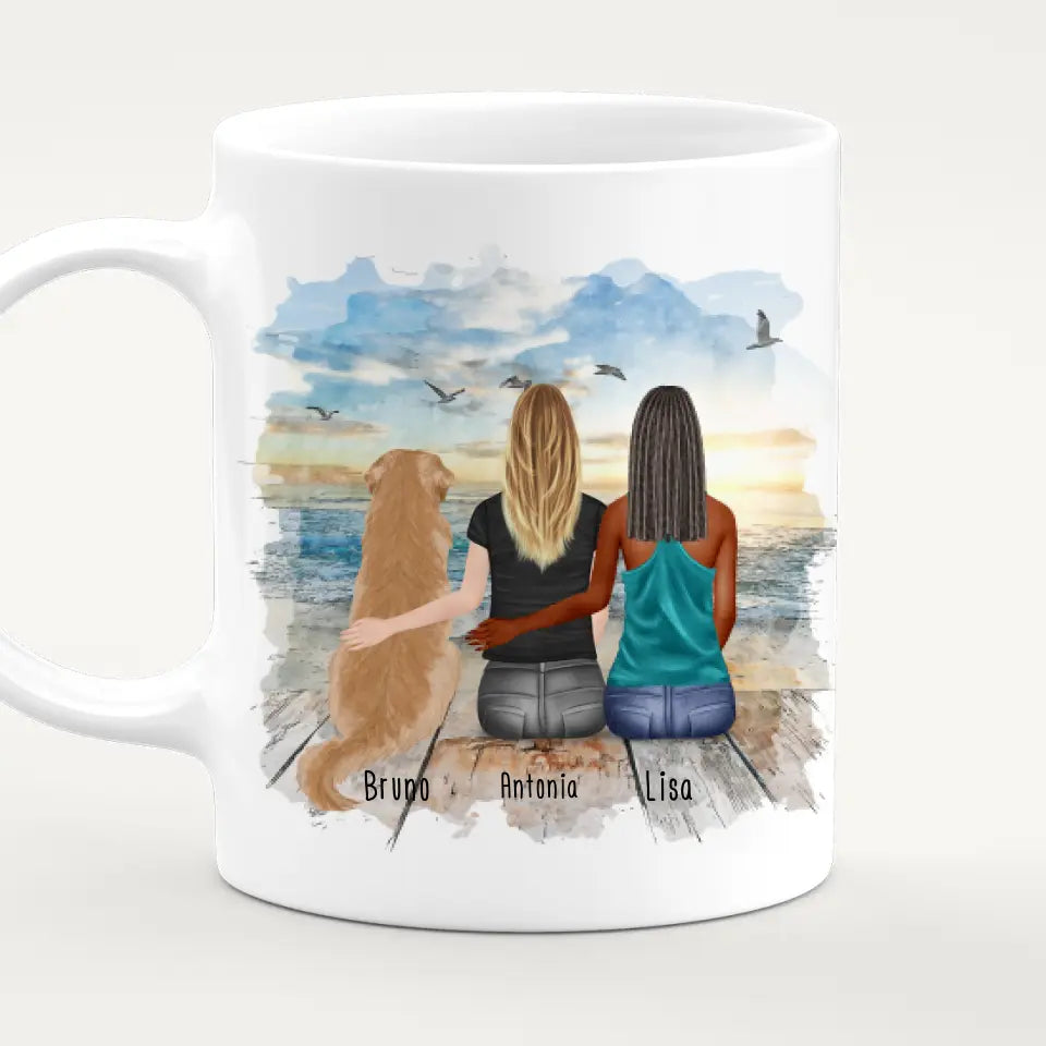 Personalisierte Tasse mit Hund und Frauen (1 Hund + 2 Frauen)