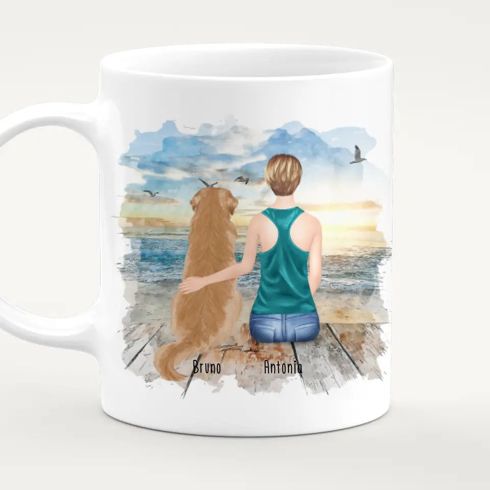 Personalisierte Tasse mit Hund und Frau (1 Hund + 1 Frau)